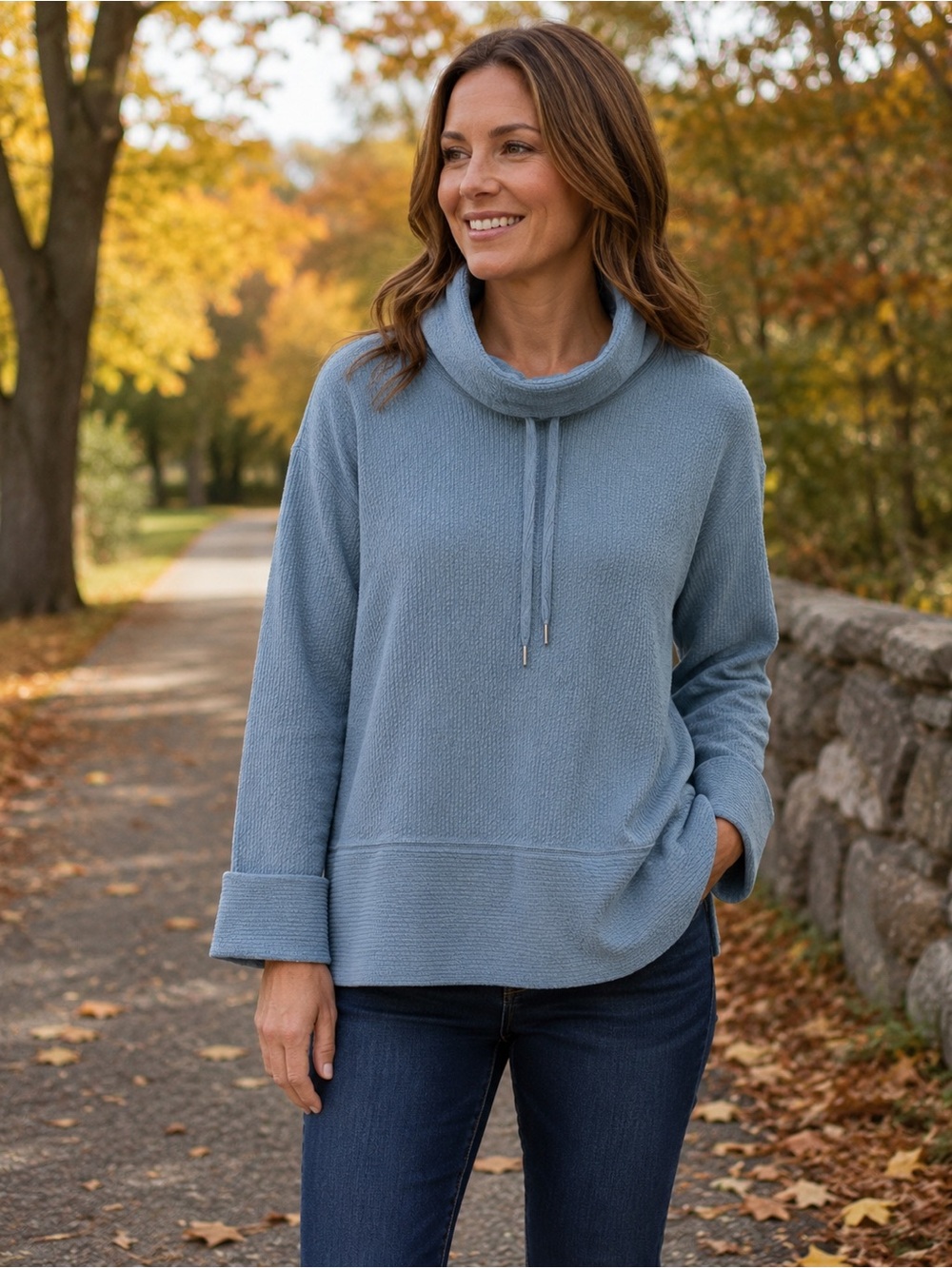 Orvis Women’s Medium Cowl Neck Pullover Blue Cotton Blend Textured Tunic Top